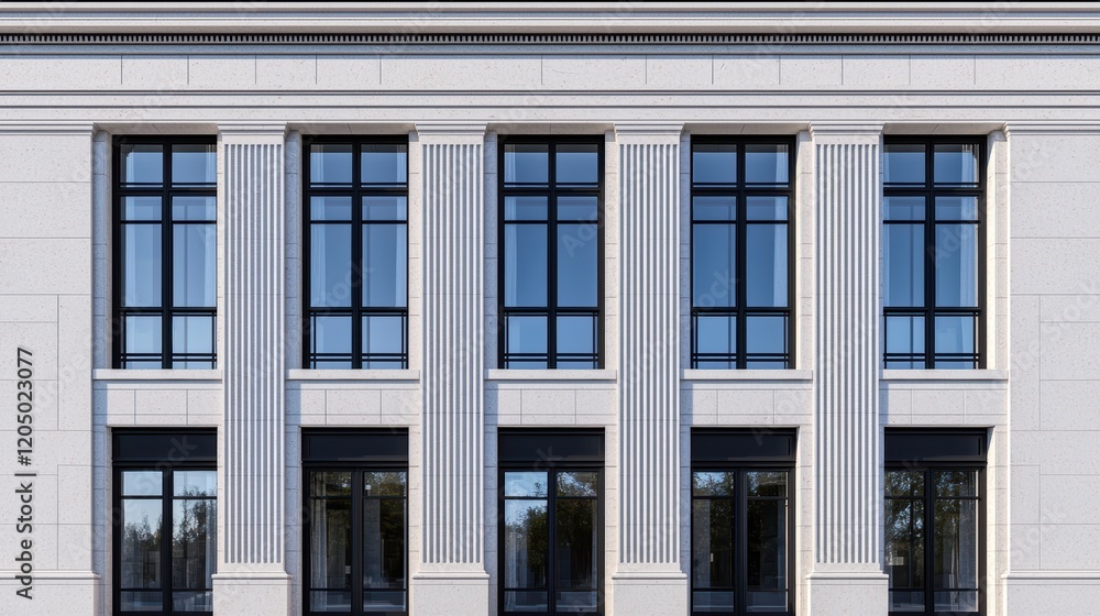 Elegant Architectural Facade with Windows and Columns in Daylight Elegant Architectural Facade with Windows and Columns in Daylight