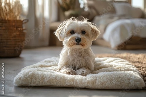 Maltese dog sitting on the floor in front of a dog bed, soft-focused white and beige interior, professional photography style.
