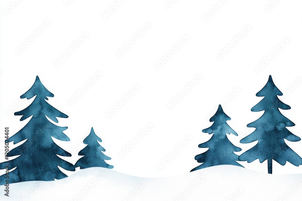 Obraz premium Watercolor Winter Wonderland Minimalist Blue Pine Trees in Snowy Landscape