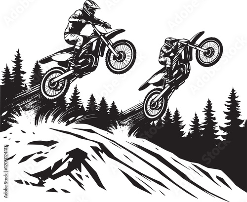 Motocross Race Evolution, Side View Silhouette, 
A skillful motocross racer soars into the air during an exhilarating race
