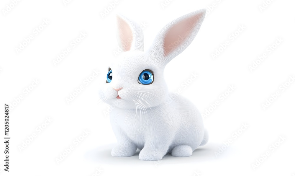 Obraz premium Cute white rabbit sitting, 3D render, isolated, white background, Easter