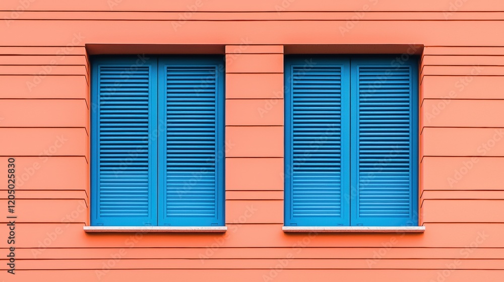 Fototapeta premium Bright Orange Wall with Blue Shuttered Windows in Urban Setting