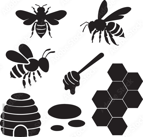 Bee silhouette vector design honey hive and a honey spoon, The bee is flying towards the hive
