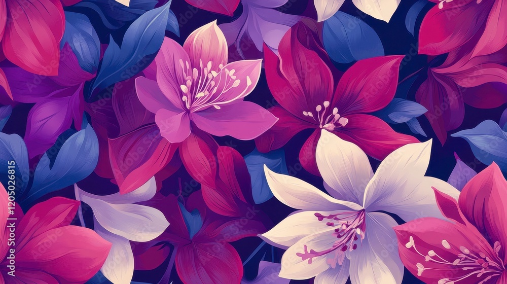 Fuchsia Floral Elegance, vibrant magenta and purple flowers create a captivating seamless pattern, ideal for textiles and decor. Fuchsia Floral Elegance, vibrant magenta and purple flowers create a captivating seamless pattern, ideal for textiles and decor.