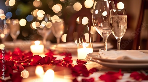 A romantic candlelit dinner setup with rose petals and elegant table settings. photo