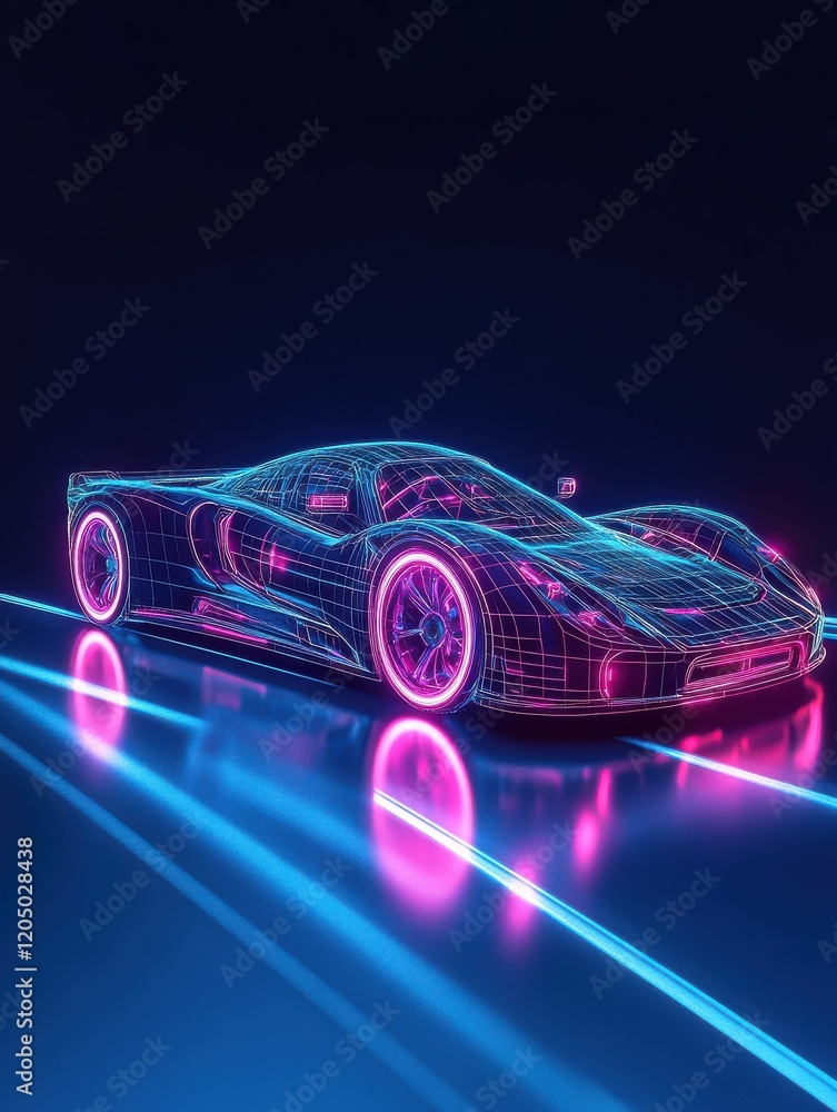 Naklejka premium Cyberpunk Futuristic retro wave synth wave car, Retro sports car with neon backlight contours, generative ai