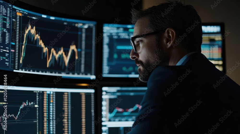 Financial analyst using stock market software to predict future price movements for a client. Financial analyst using stock market software to predict future price movements for a client.