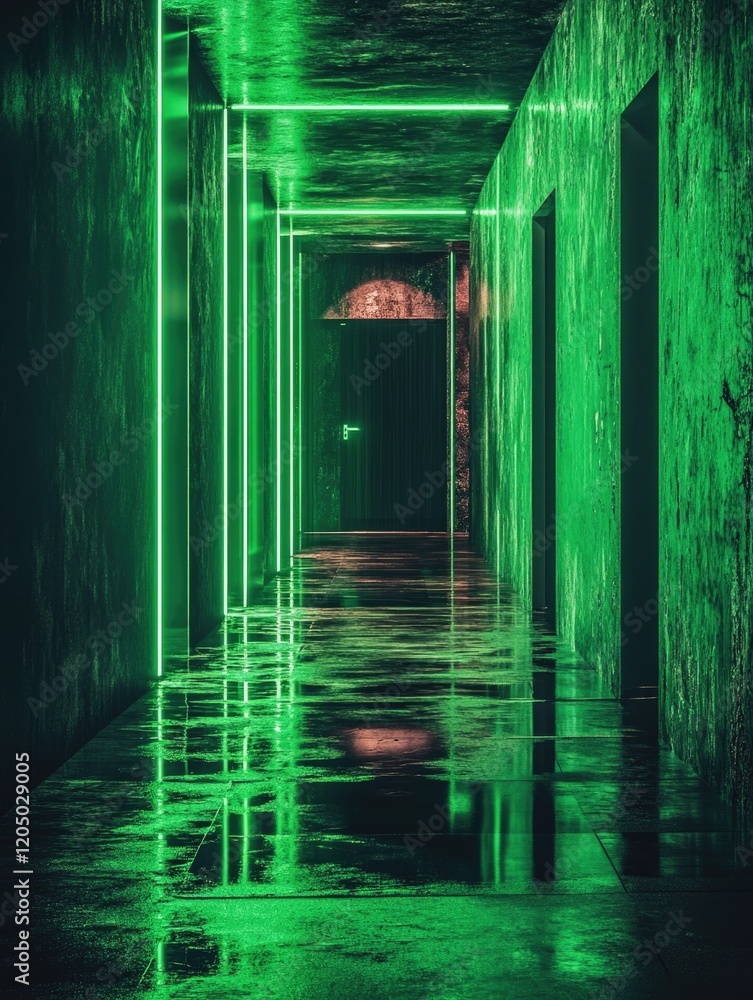 Obraz premium Dark Hallway with Green Lights and Red Umbrella