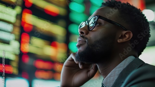 Business professional looking at a stock ticker and making real-time investment decisions. photo