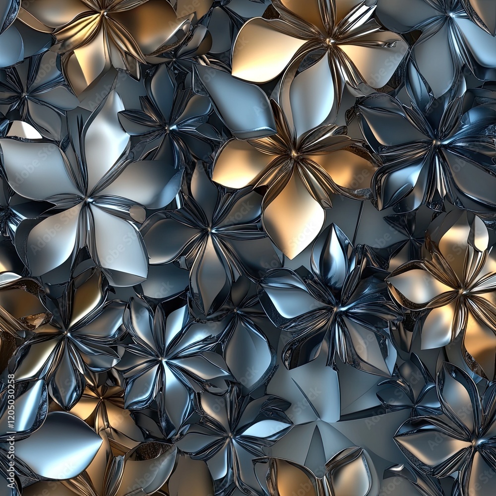 Stylized 3D flowers with sharp, angular petals and metallic tones . Seamless abstract 3d pattern background Stylized 3D flowers with sharp, angular petals and metallic tones . Seamless abstract 3d pattern background