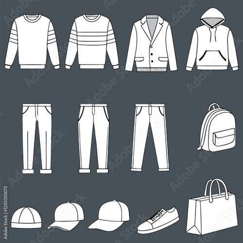 Illustration of a clothing collection featuring various garments like shirts pants dresses , Mockups Clothing Brand Fashion Design Adobe Illustrator