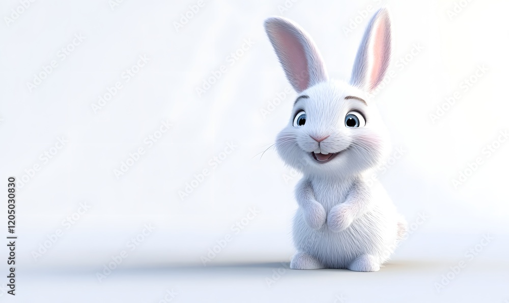 Fototapeta premium Happy 3D bunny sits, white background, Easter