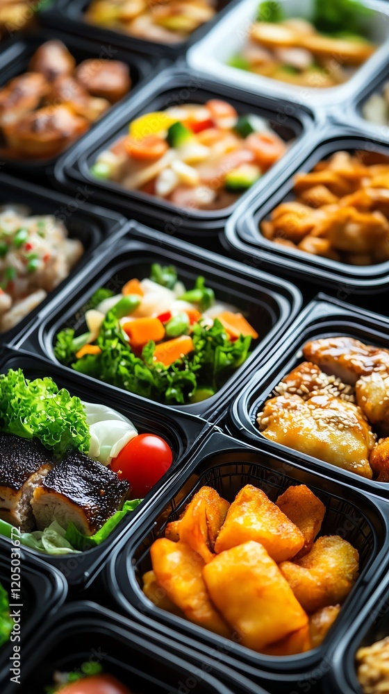 Diverse takeaway containers filled with colorful meals, representing variety and convenience in delivery services Diverse takeaway containers filled with colorful meals, representing variety and convenience in delivery services
