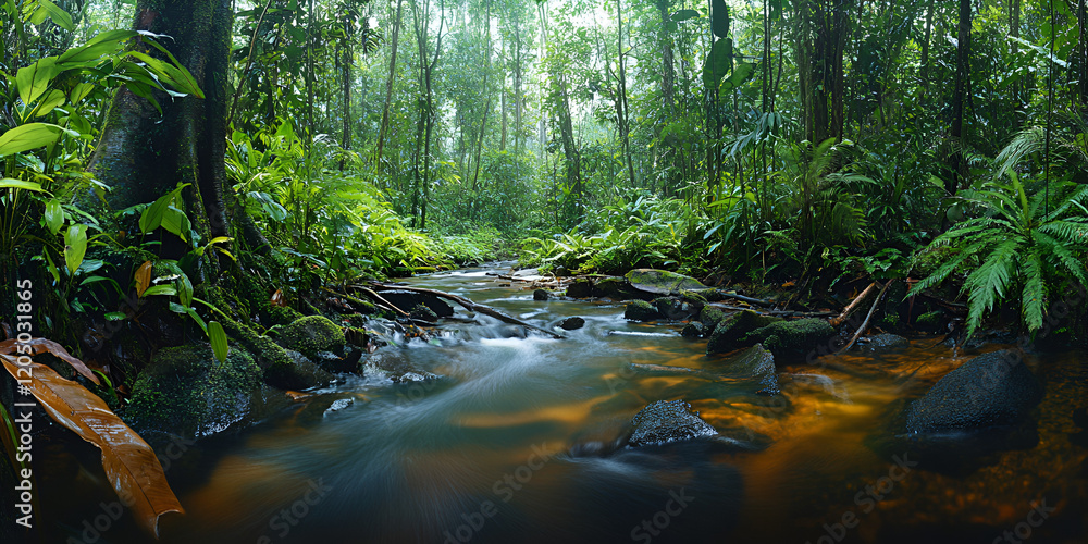 Fototapeta premium Calm Forest Stream Flowing Through a Lush Landscape