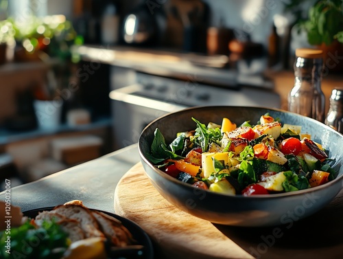 Fresh organic vegetable salad with seasonal ingredients styled in a cozy kitchen setting, homely and natural ambiance photo