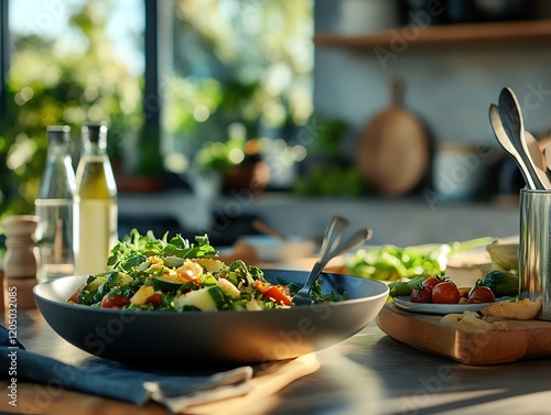 Fresh organic vegetable salad with seasonal ingredients styled in a cozy kitchen setting, homely and natural ambiance photo