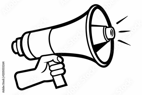 A hand holding a megaphone that says loud speaker. Megaphone hand drawn vector illustration black and white

