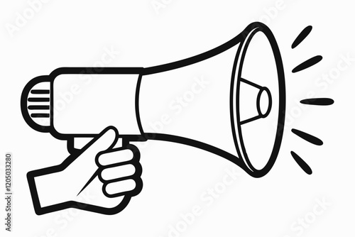 A hand holding a megaphone that says loud speaker. Megaphone hand drawn vector illustration black and white

