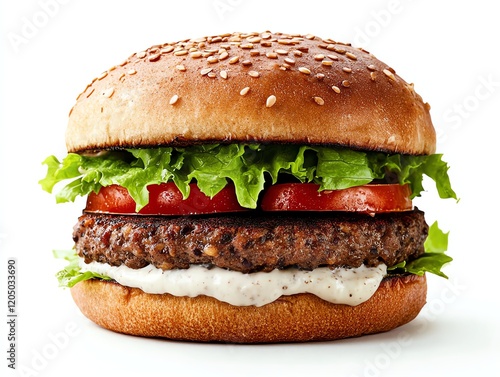 Plantbased burger made with a black bean patty, vegan mayo, lettuce, and tomato, served in a wholegrain bun photo