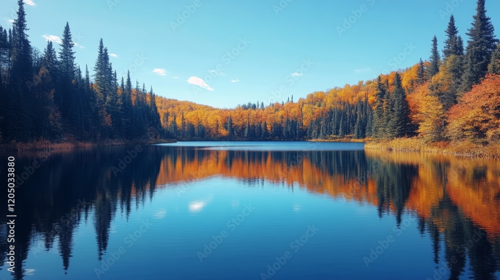 Fototapeta premium Autumnal lake reflecting colorful trees and sky
