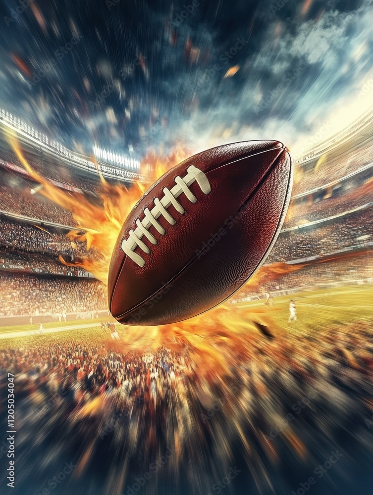 An American football flies through the air with dynamic motion trails behind it, soaring over a crowded stadium. An American football flies through the air with dynamic motion trails behind it, soaring over a crowded stadium.