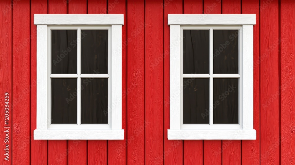 Two windows with white frames sit on a red wall Two windows with white frames sit on a red wall