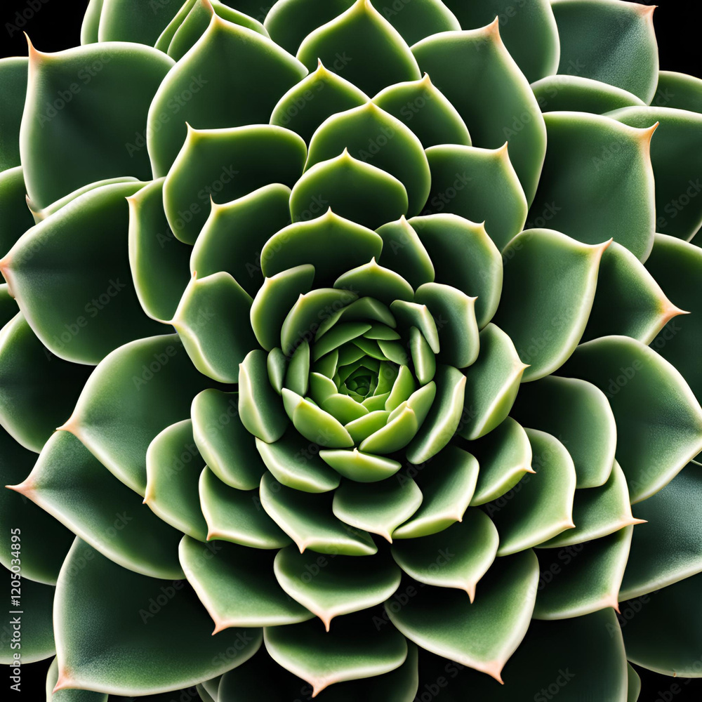 Obraz premium A close-up, top-down view of a beautiful succulent plant, displaying its intricate spiral pattern and rich green leaves. The sharp details and symmetrical arrangement highlight the plant's natural bea