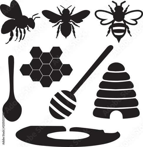 A silhouette vector design of a bee flying above a honey hive. A worker bee is reaching into the hive with a honey spoon