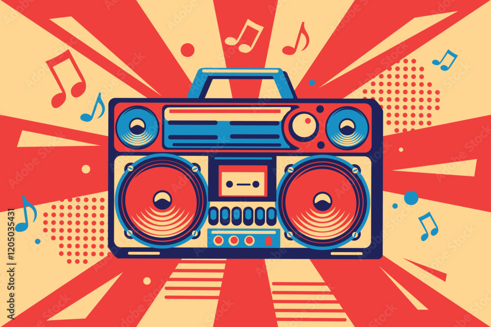 Obraz premium Music design - playing boom box tape recorder with musical notes on bright colorful retro background