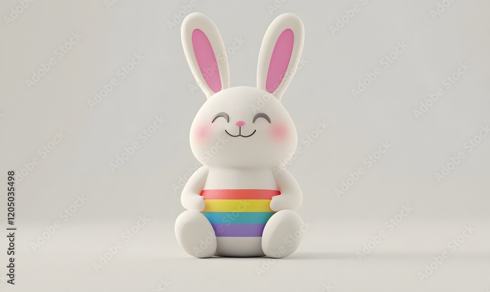 Fototapeta premium Happy rainbow bunny sitting, studio, white background, Easter