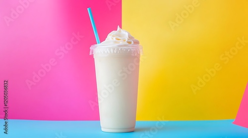 A plastic sandwich wrap and a vanilla milkshake isolated on a colorful background