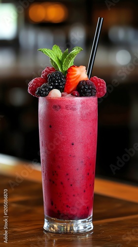 Frozen berry mocktail in a tall frosted glass, with mixed berry garnish and a mint sprig photo