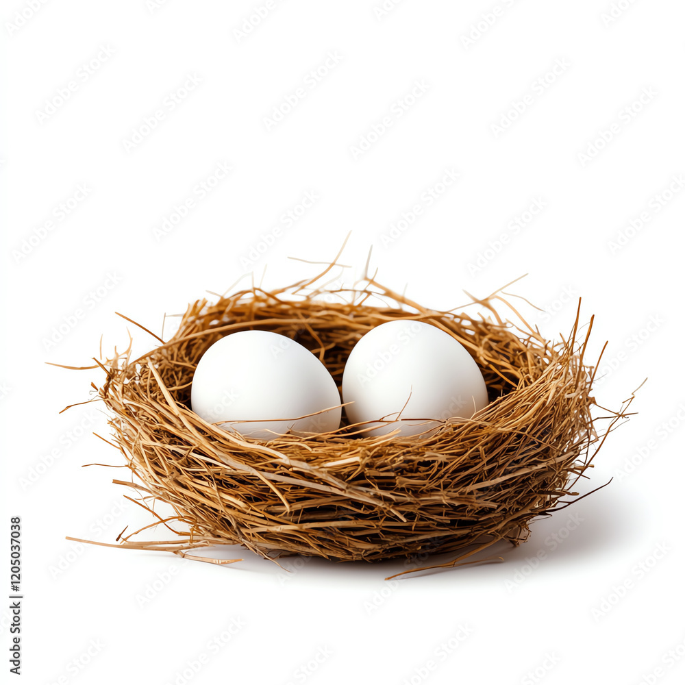 A close-up of a simple nest containing two pristine white eggs, symbolizing new beginnings and nature's beauty. A close-up of a simple nest containing two pristine white eggs, symbolizing new beginnings and nature's beauty.