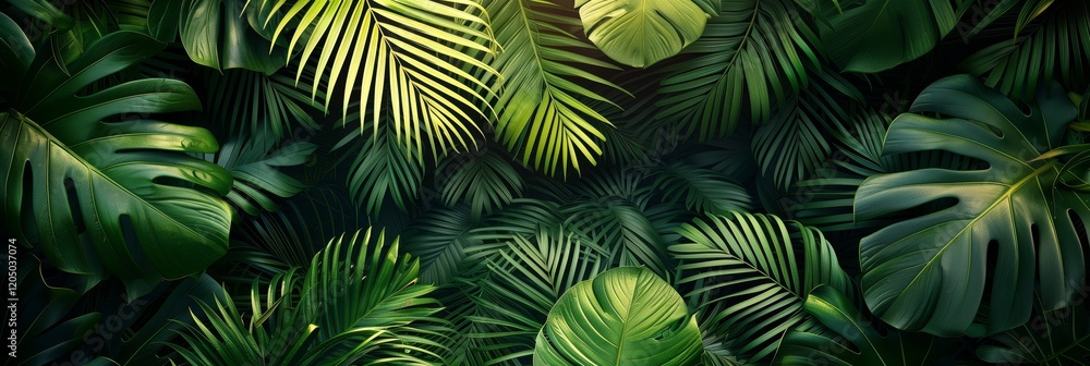 Fototapeta premium Tropical jungle green leaves background with dark forest and sunlight