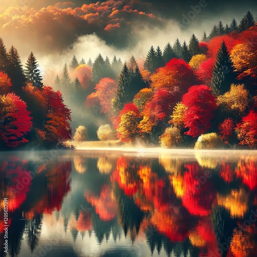 Serene Lake with Reflection of Autumn Trees photo