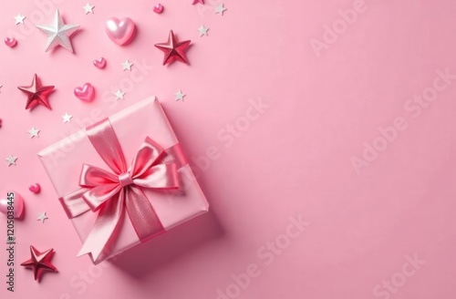 Wallpaper Mural Festive pink background. Present with satin bow and shining stars on light pink pastel background. Christmas. Wedding. Birthday. Happy Women's Day. Mother's Day. Valentine's Day. Flat lay, top view Torontodigital.ca