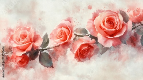 Watercolor Painting of Coral Roses on a Branch