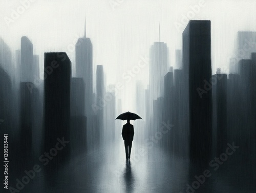 A solitary figure in a rain-soaked urban landscape stands among towering skyscrapers, embodying themes of isolation, resilience, and introspection in a monochromatic world. photo