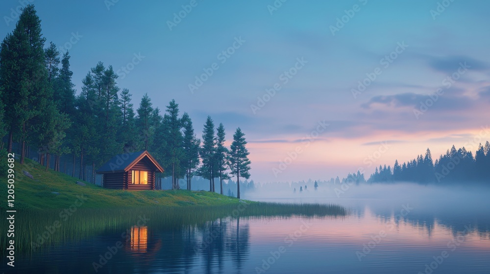 Tranquil evening at a serene lakeside cabin surrounded by trees in soft light nature retreat wide view Tranquil evening at a serene lakeside cabin surrounded by trees in soft light nature retreat wide view