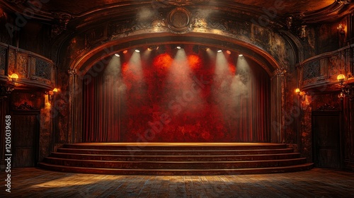 Empty stage in old theatre with red curtains and spotlights.