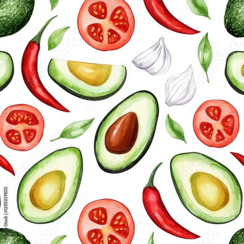 Watercolor Seamless Pattern of Avocado, Tomato, Chili Pepper, and Garlic - Healthy Food Background