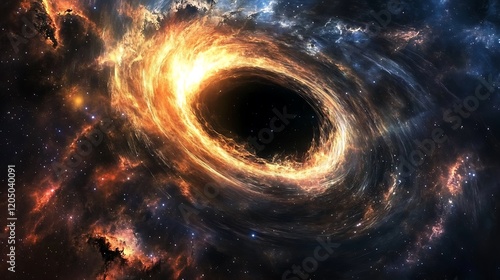 A black hole rendered in 3D, with swirling clouds and countless stars forming a breathtaking space environment photo