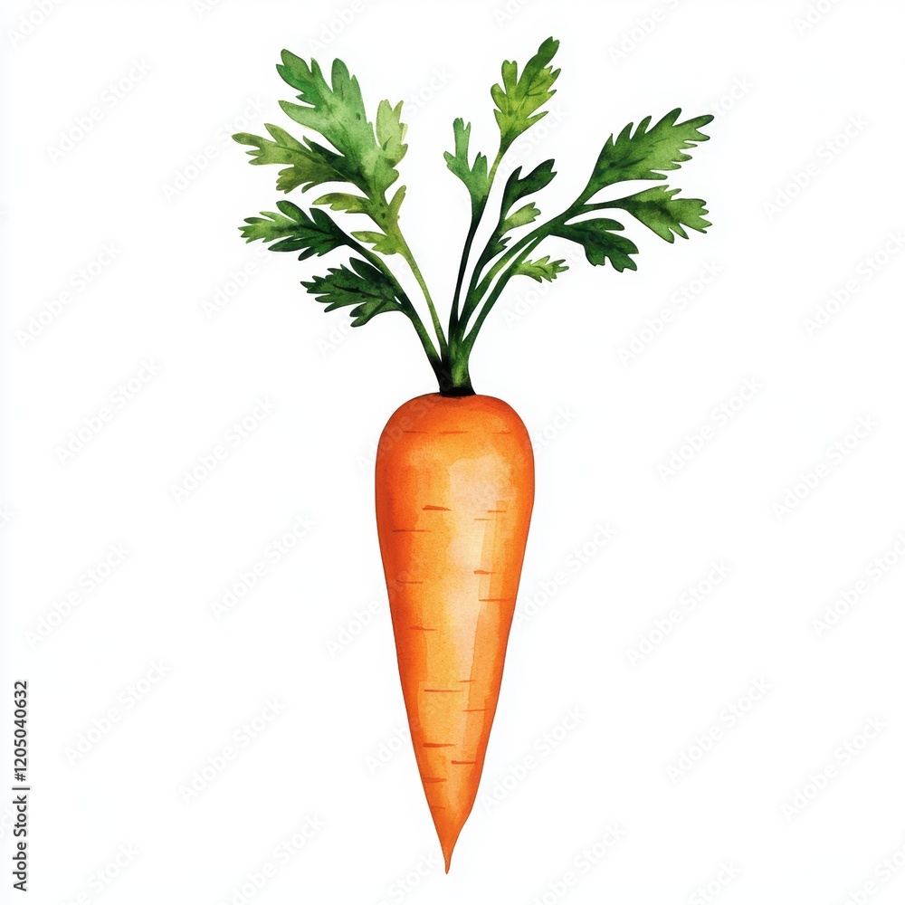 Watercolor Illustration of a Single Fresh Carrot with Green Tops Watercolor Illustration of a Single Fresh Carrot with Green Tops