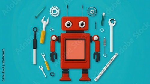 Playful Red Robot Surrounded by Tools on a Bright Blue Background Ideal for Fun and Creative Projects in Technology, Education, and Children's Themed Art photo