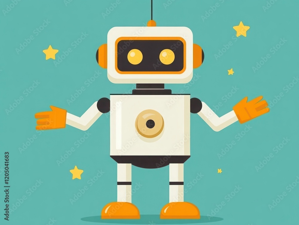 Fun and Colorful Retro Robot Character Surrounded by Whimsical Stars in a Vibrant Background Ideal for Children's Projects and Playful Themes