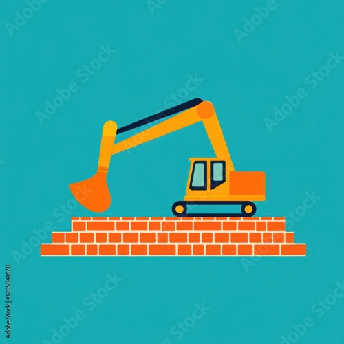 Yellow Excavator on a Brick Wall Against a Turquoise Background, Illustrating Construction Machinery, Building, and Infrastructure Development Concepts photo