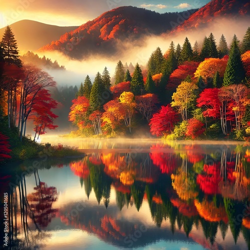 Serene Lake with Reflection of Autumn Trees photo