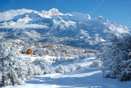 Sunrise illuminating snowy mount timpanogos and sundance ski resort in utah, usa photo