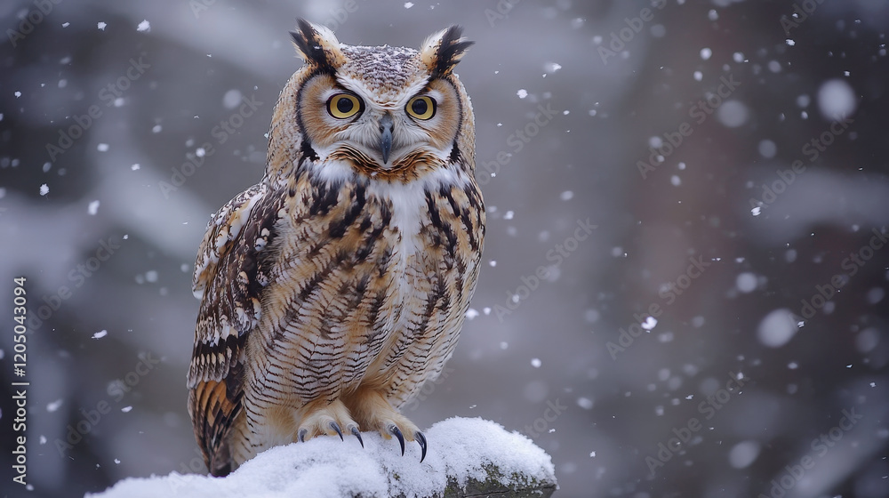 Majestic Owl Perched on Snow-Covered Log in a Snowy Forest, Capturing a Serene Winter Moment with Stunning Details and Vivid Colors Majestic Owl Perched on Snow-Covered Log in a Snowy Forest, Capturing a Serene Winter Moment with Stunning Details and Vivid Colors