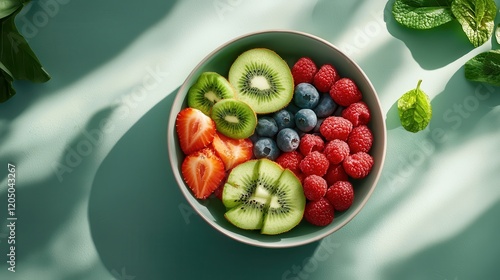 Vibrant seasonal fruits displayed in a sunlit kitchen birdseye view food cozy environment